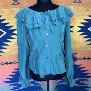 Vintage Jonathan Martin 100% Silk Blouse. Ruffled Collar. Button Up. Medium.